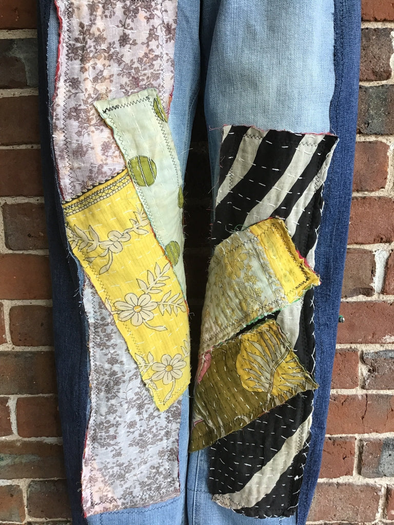 Upcycled Jeans with kantha panels & patches size 3 - Main Street Threads