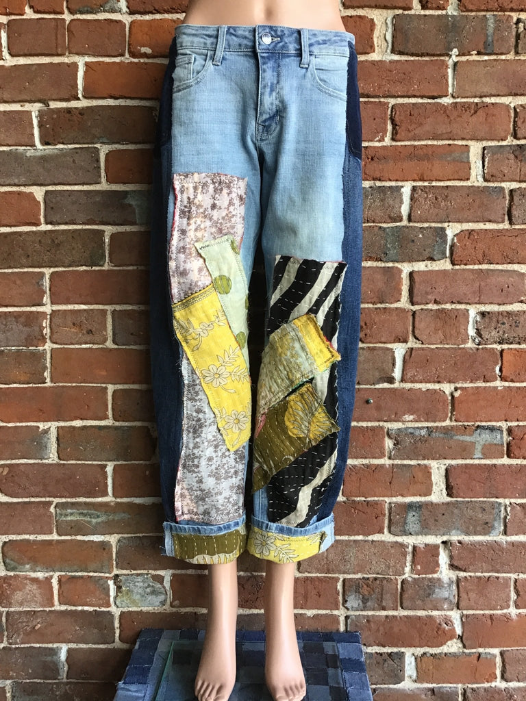 Upcycled Jeans with kantha panels & patches size 3 - Main Street Threads