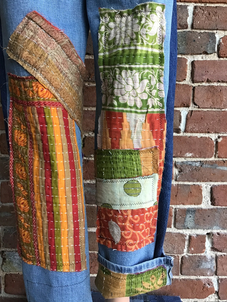 Upcycled Jeans with kantha panels & patches size 5 - Main Street Threads