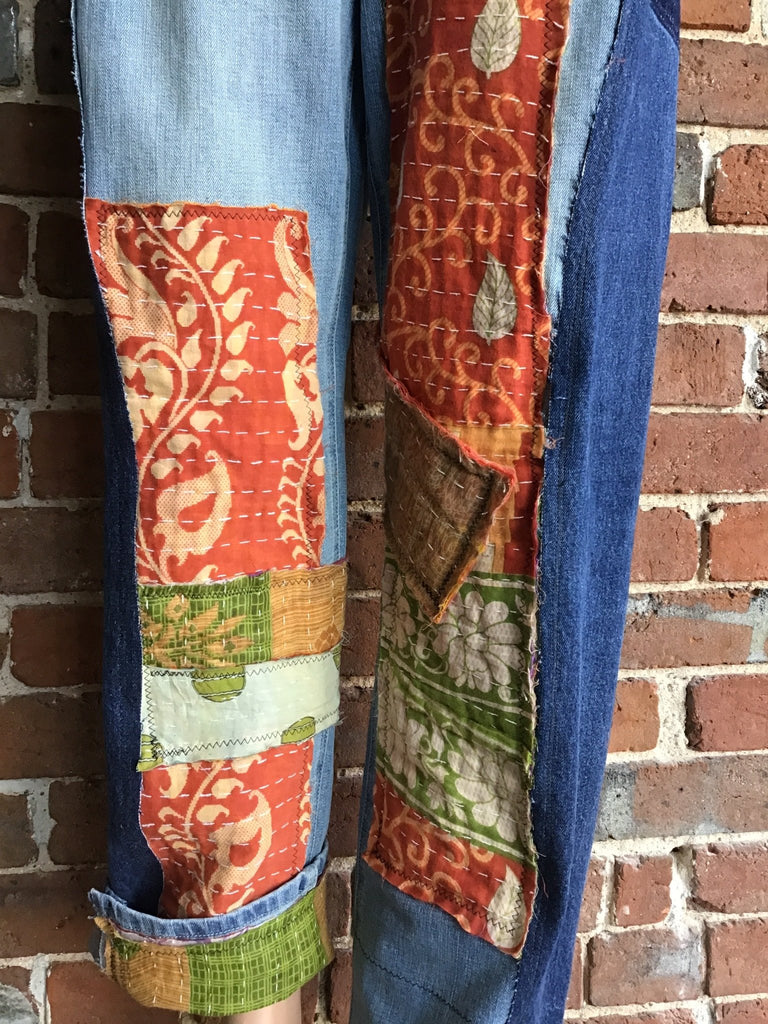 Upcycled Jeans with kantha panels & patches size 5 - Main Street Threads
