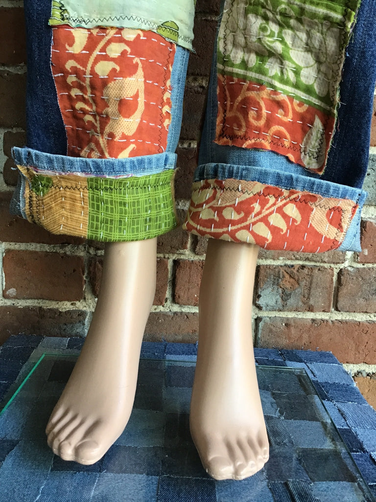 Upcycled Jeans with kantha panels & patches size 5 - Main Street Threads