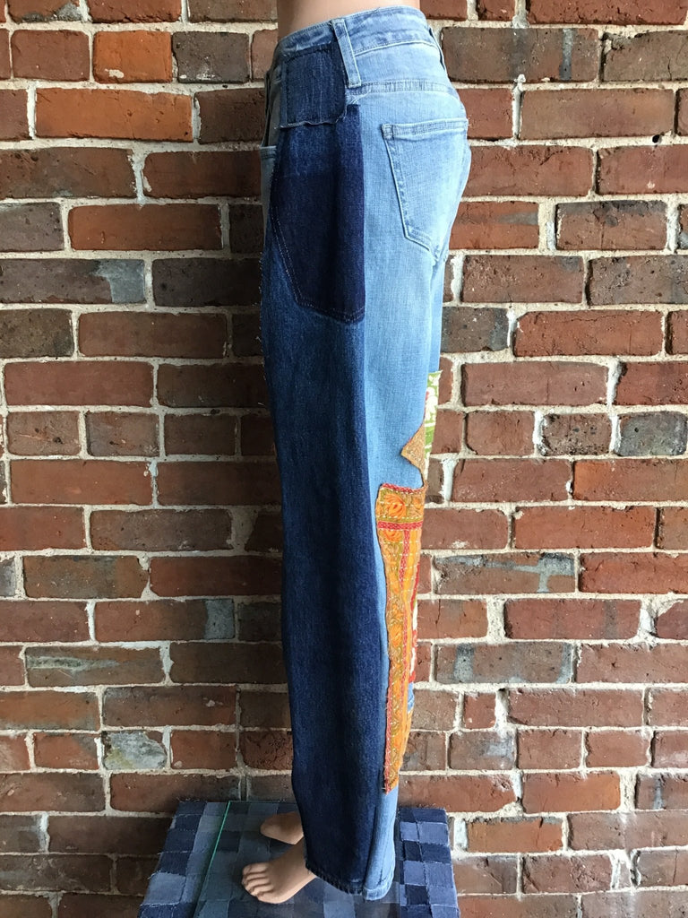 Upcycled Jeans with kantha panels & patches size 5 - Main Street Threads