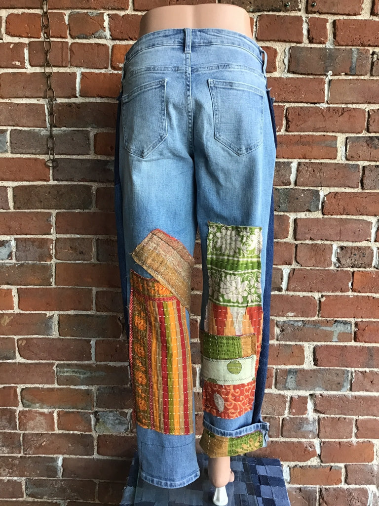 Upcycled Jeans with kantha panels & patches size 5 - Main Street Threads