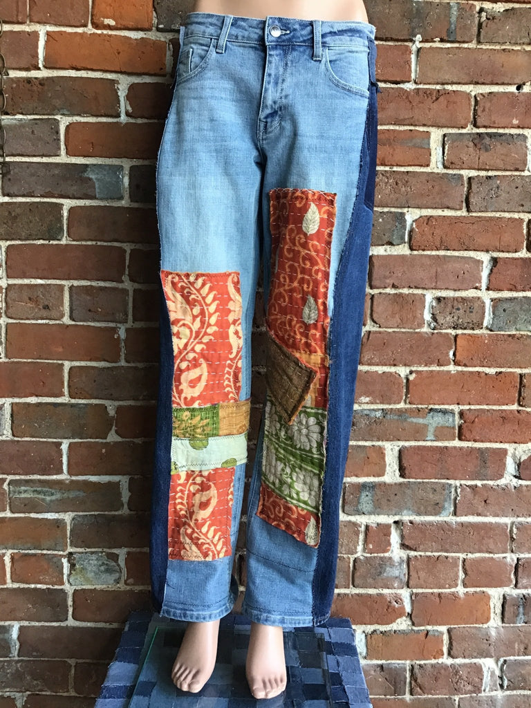 Upcycled Jeans with kantha panels & patches size 5 - Main Street Threads