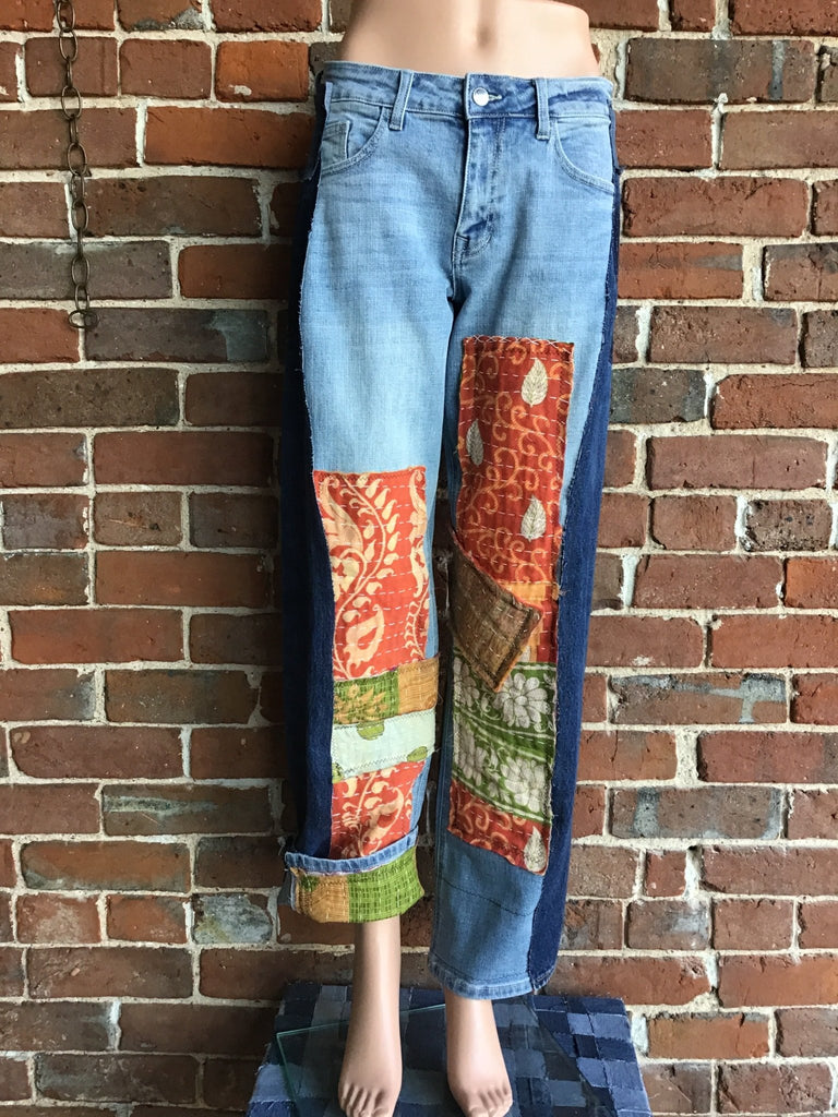 Upcycled Jeans with kantha panels & patches size 5 - Main Street Threads