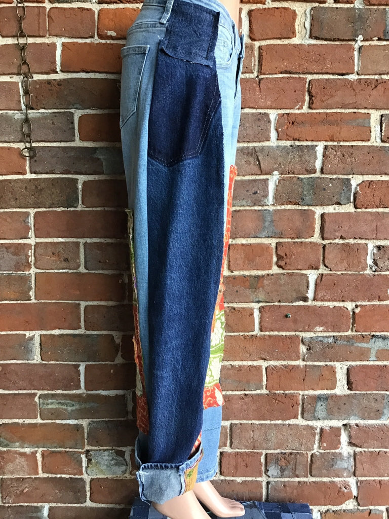 Upcycled Jeans with kantha panels & patches size 5 - Main Street Threads