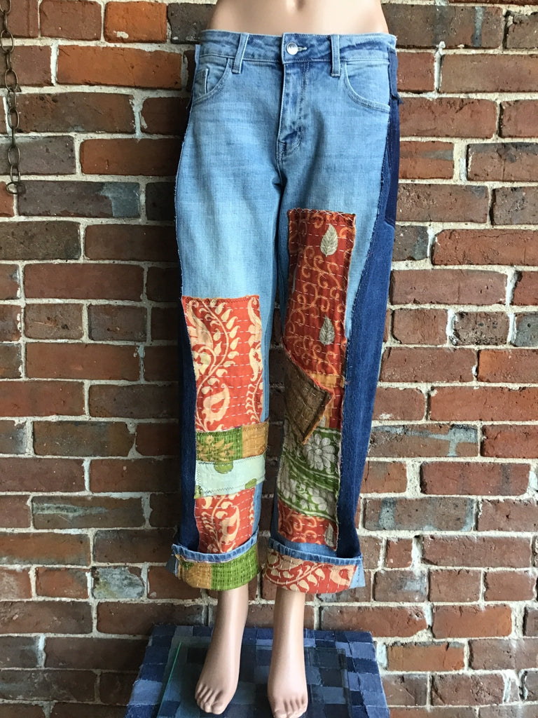 Upcycled Jeans with kantha panels & patches size 5 - Main Street Threads