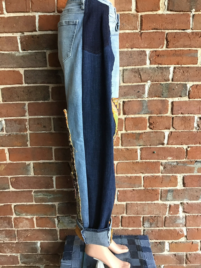 Upcycled Jeans with kantha panels & patches size 7 - Main Street Threads