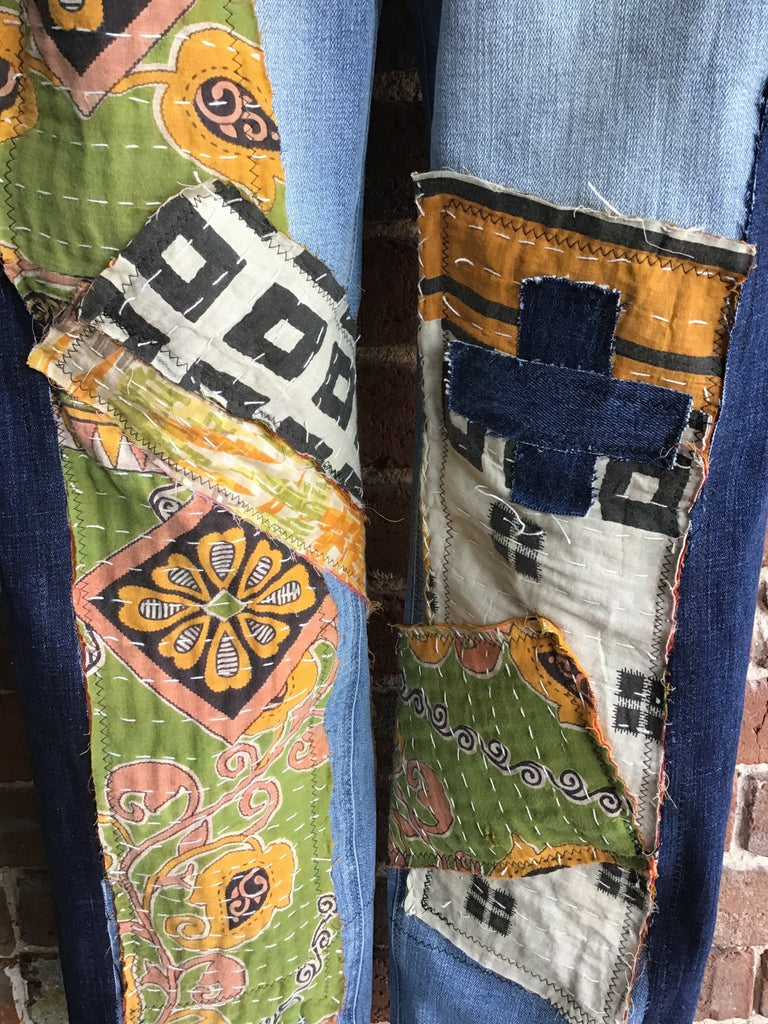 Upcycled Jeans with kantha panels & patches size 7 - Main Street Threads