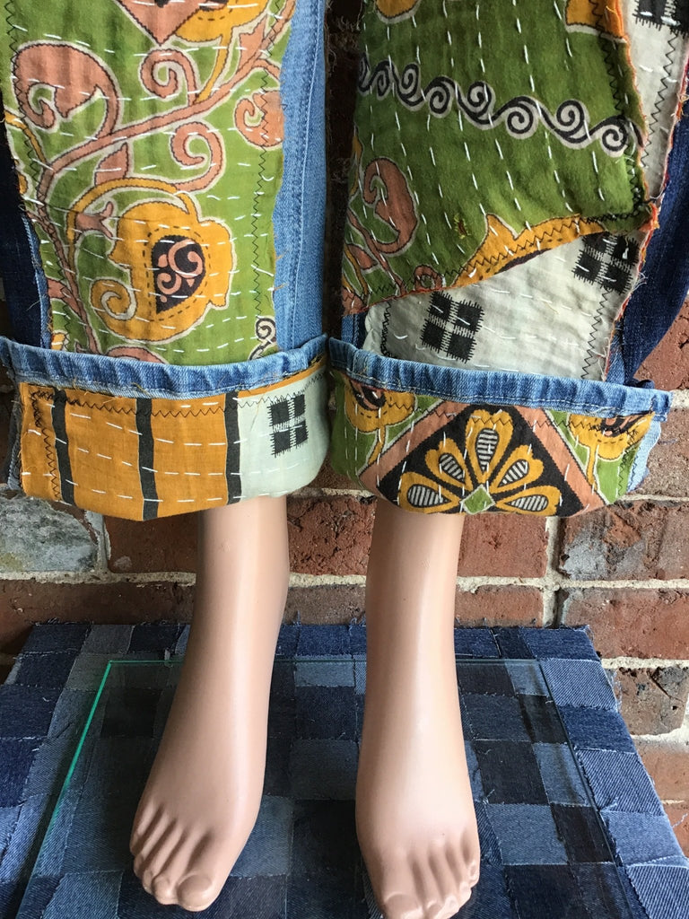 Upcycled Jeans with kantha panels & patches size 7 - Main Street Threads