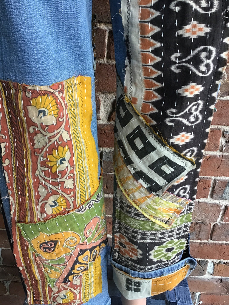 Upcycled Jeans with kantha panels & patches size 7 - Main Street Threads
