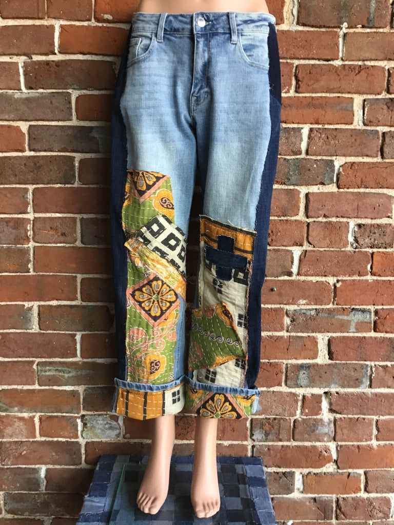 Upcycled Jeans with kantha panels & patches size 7 - Main Street Threads