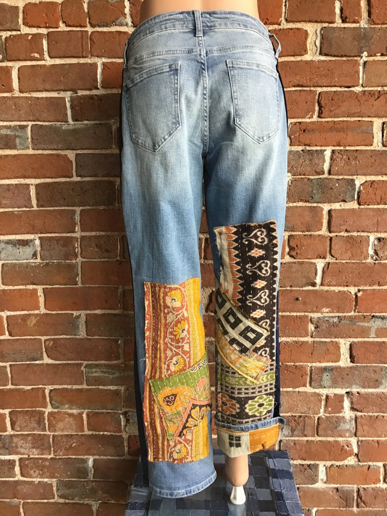 Upcycled Jeans with kantha panels & patches size 7 - Main Street Threads