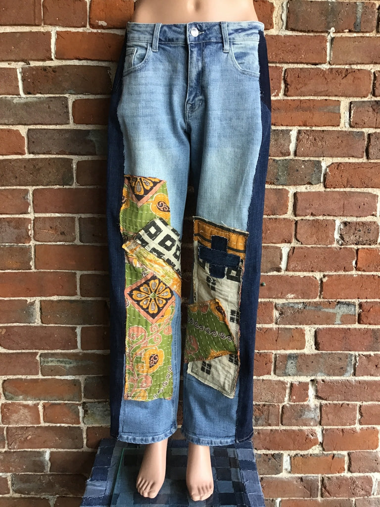 Upcycled Jeans with kantha panels & patches size 7 - Main Street Threads