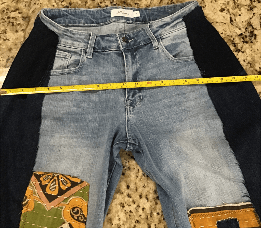 Upcycled Jeans with kantha panels & patches size 7 - Main Street Threads