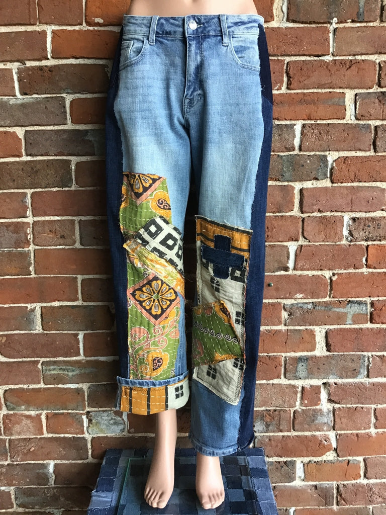Upcycled Jeans with kantha panels & patches size 7 - Main Street Threads