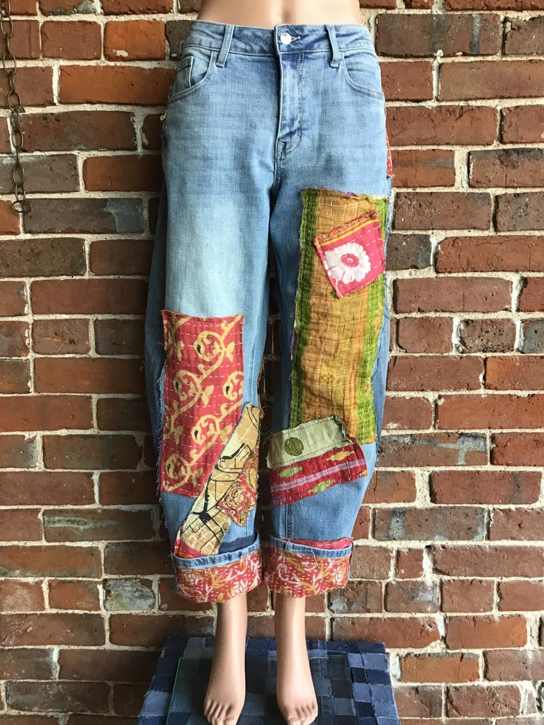Upcycled Jeans with kantha panels & patches size 9 - Main Street Threads
