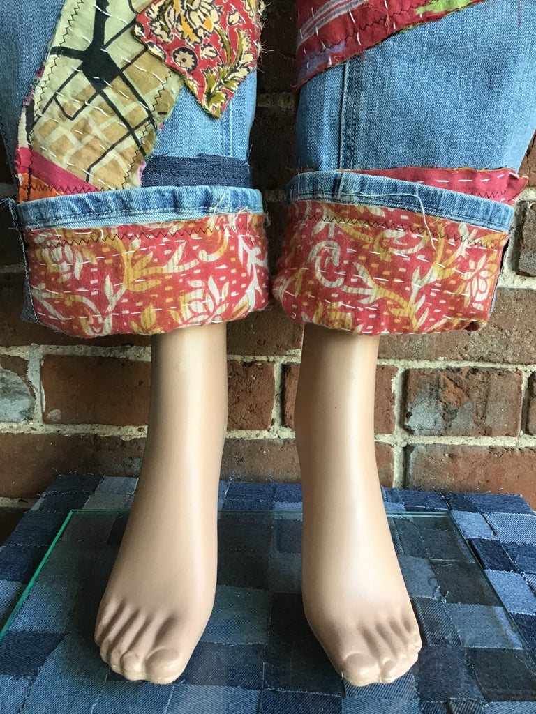 Upcycled Jeans with kantha panels & patches size 9 - Main Street Threads