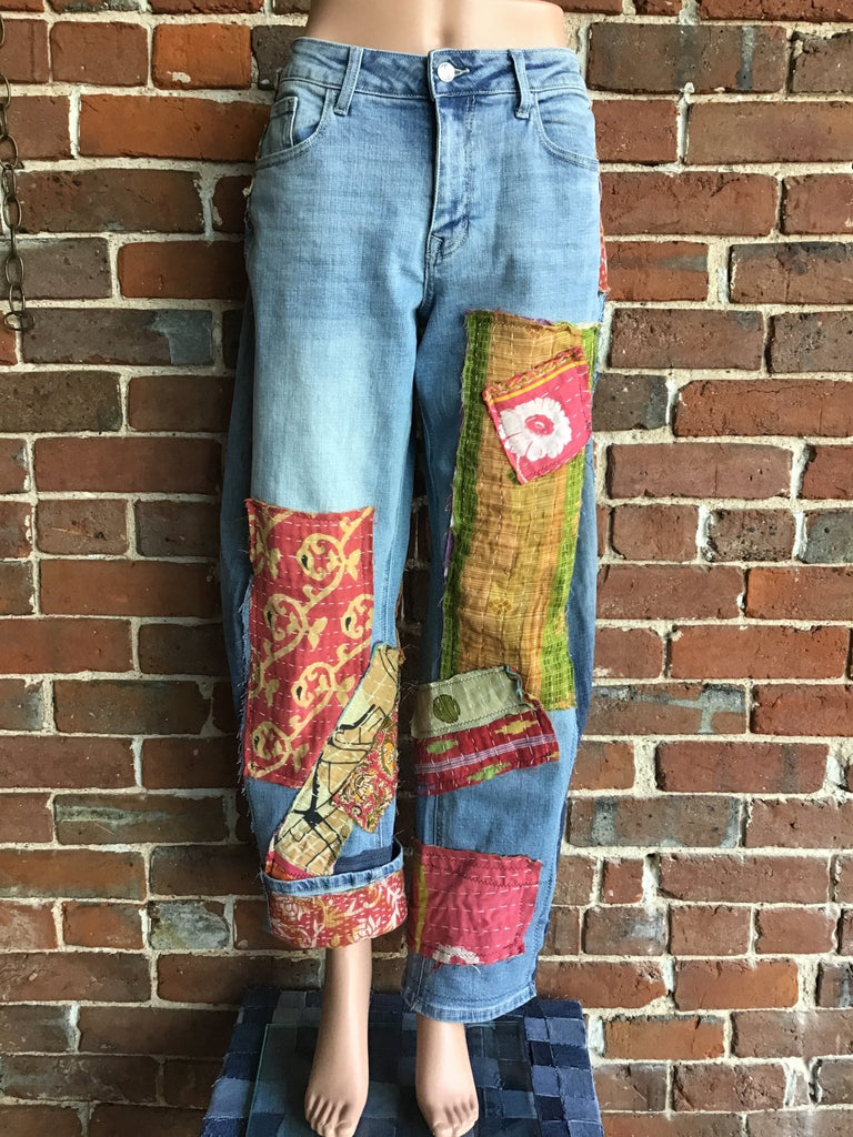 Upcycled Jeans with kantha panels & patches size 9 - Main Street Threads