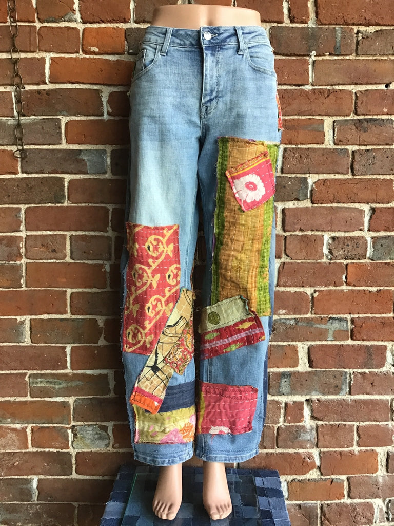 Upcycled Jeans with kantha panels & patches size 9 - Main Street Threads