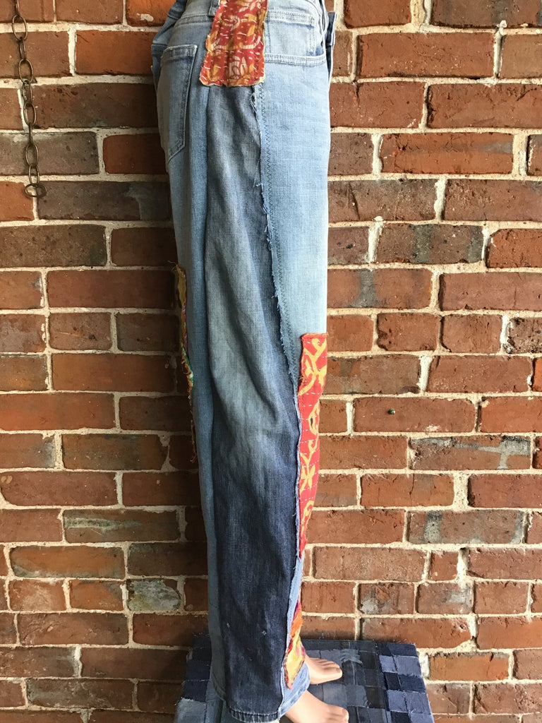 Upcycled Jeans with kantha panels & patches size 9 - Main Street Threads