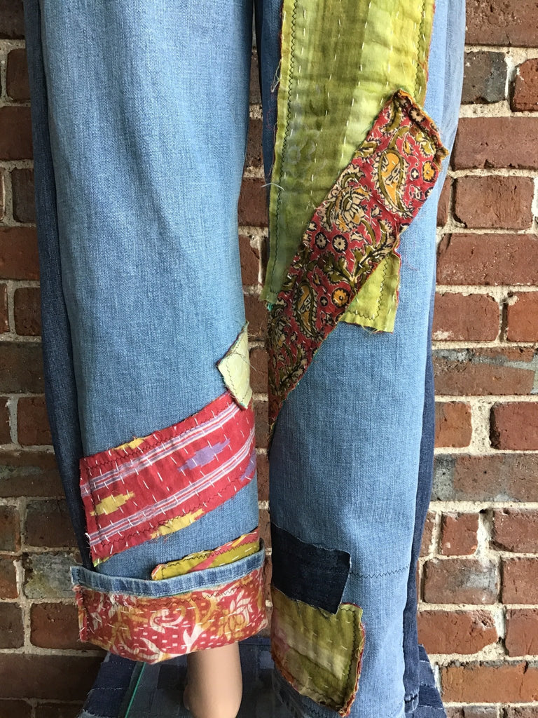Upcycled Jeans with kantha panels & patches size 9 - Main Street Threads
