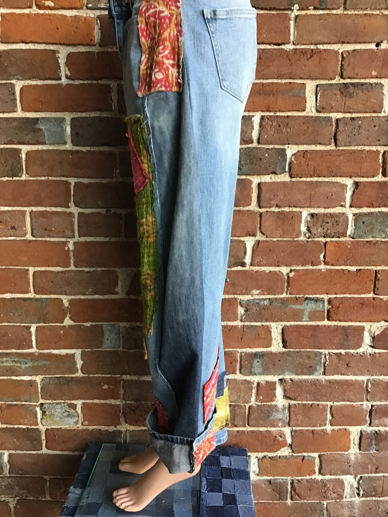 Upcycled Jeans with kantha panels & patches size 9 - Main Street Threads