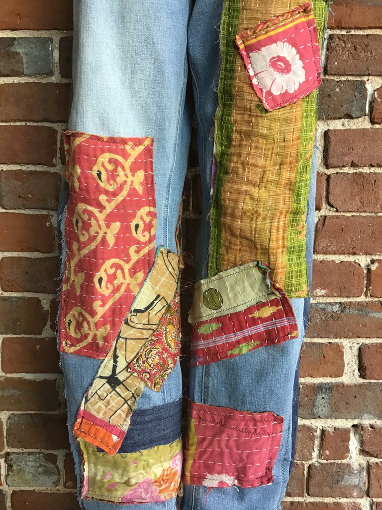 Upcycled Jeans with kantha panels & patches size 9 - Main Street Threads