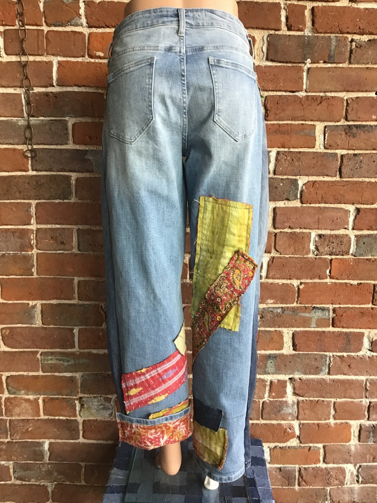 Upcycled Jeans with kantha panels & patches size 9 - Main Street Threads