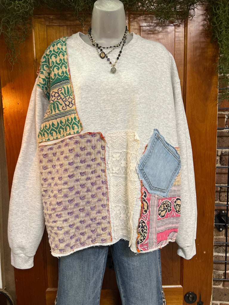 Upcycled Kantha & Lace Sweatshirt - Main Street Threads