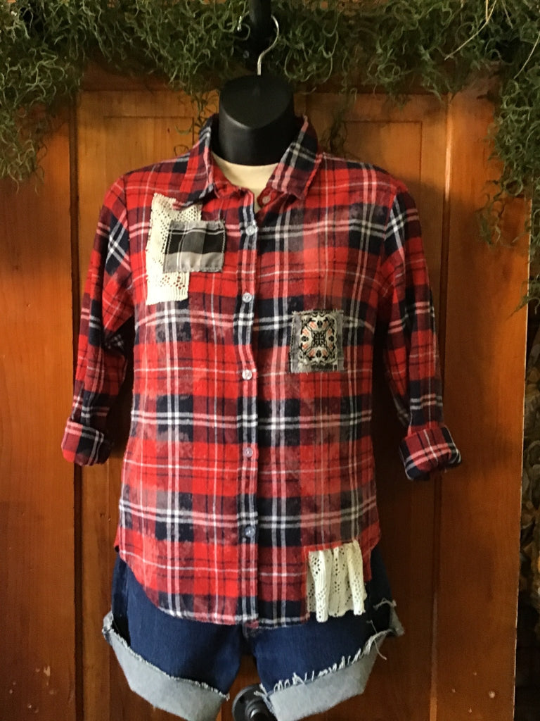 Upcycled Red Plaid Distressed Patchwork Flannel - Main Street Threads