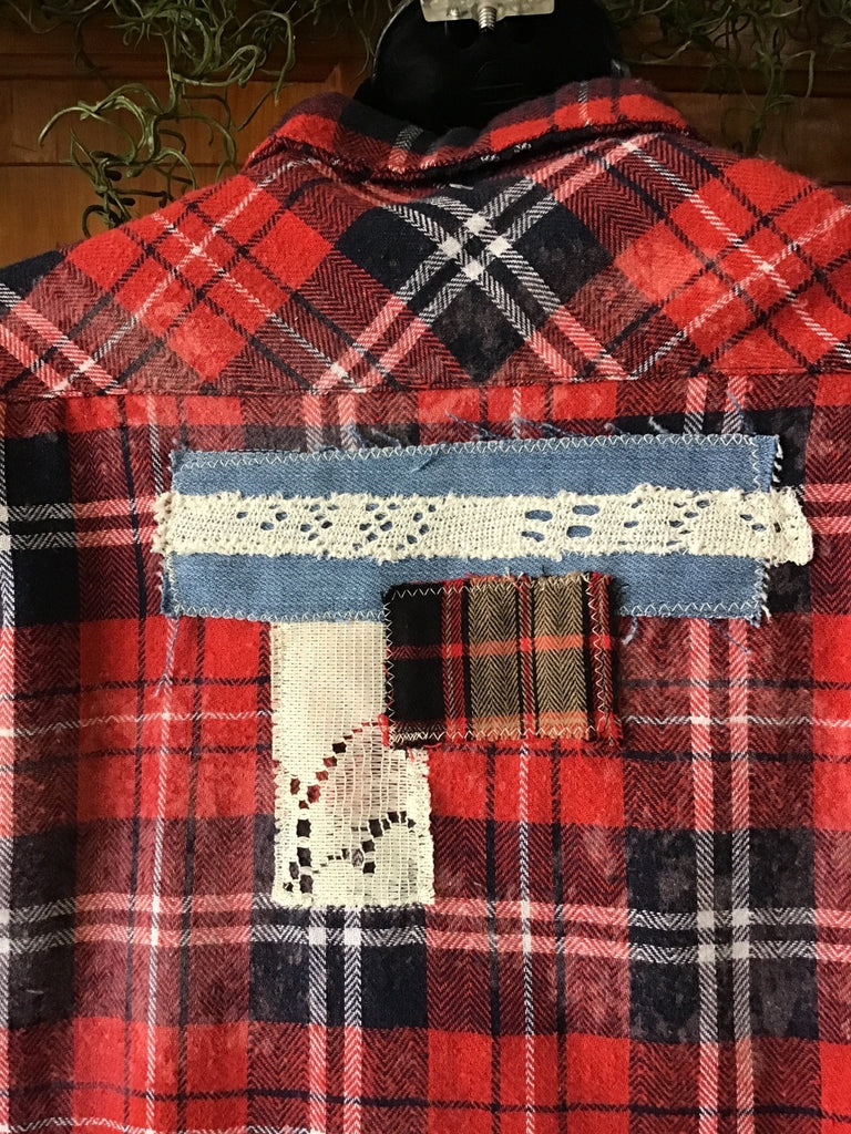 Upcycled Red Plaid Distressed Patchwork Flannel - Main Street Threads