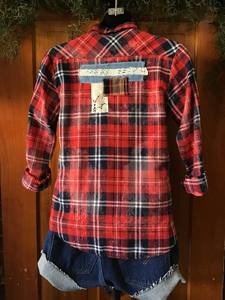 Upcycled Red Plaid Distressed Patchwork Flannel - Main Street Threads