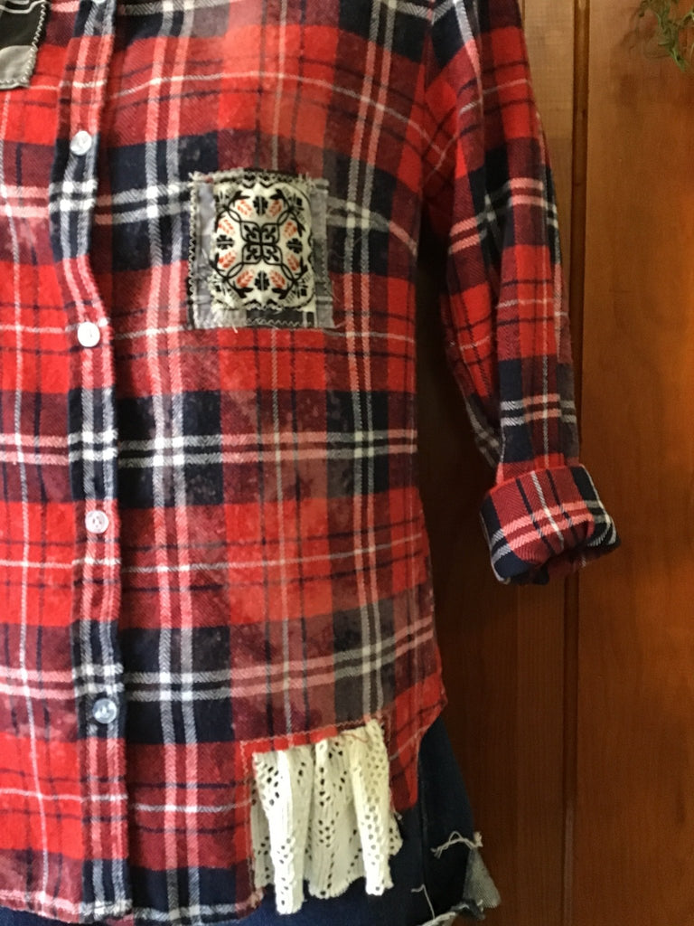 Upcycled Red Plaid Distressed Patchwork Flannel - Main Street Threads
