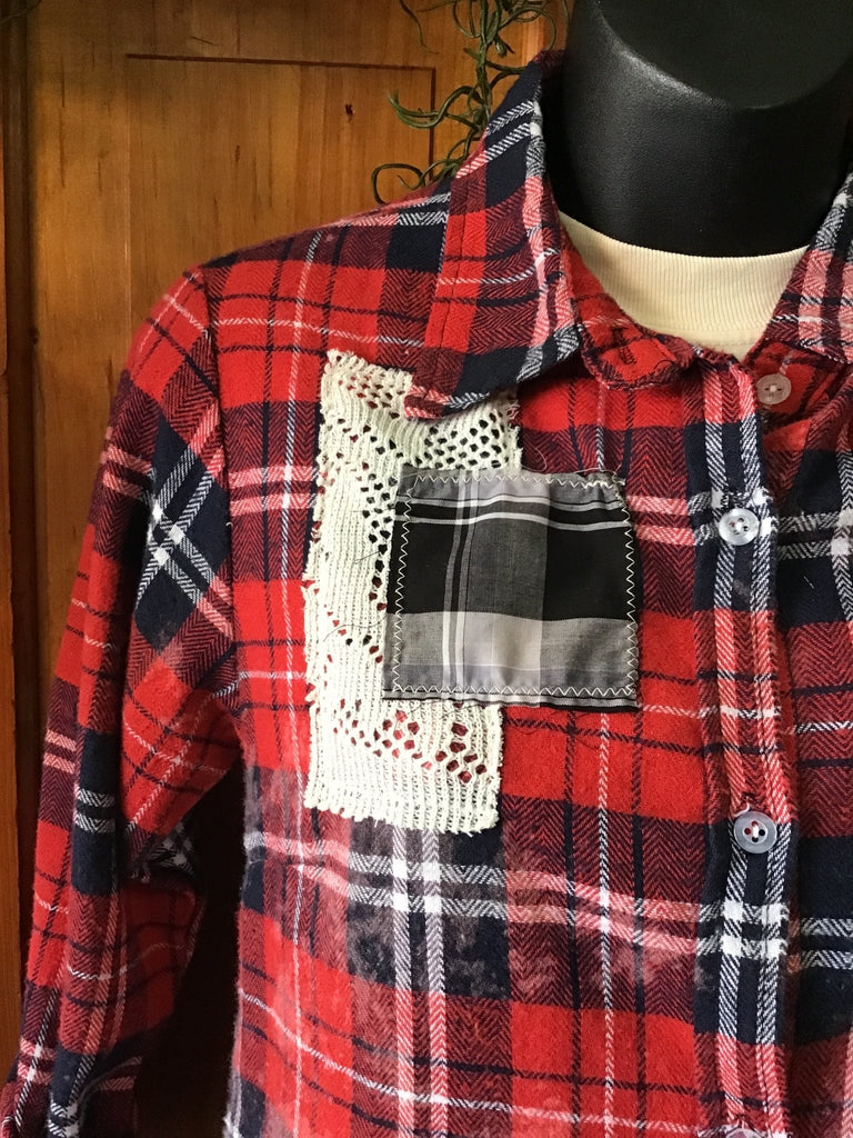 Upcycled Red Plaid Distressed Patchwork Flannel - Main Street Threads