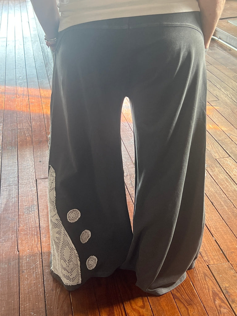 Upcycled Wide leg pigment dyed pants w/ lace & doilies - Main Street Threads