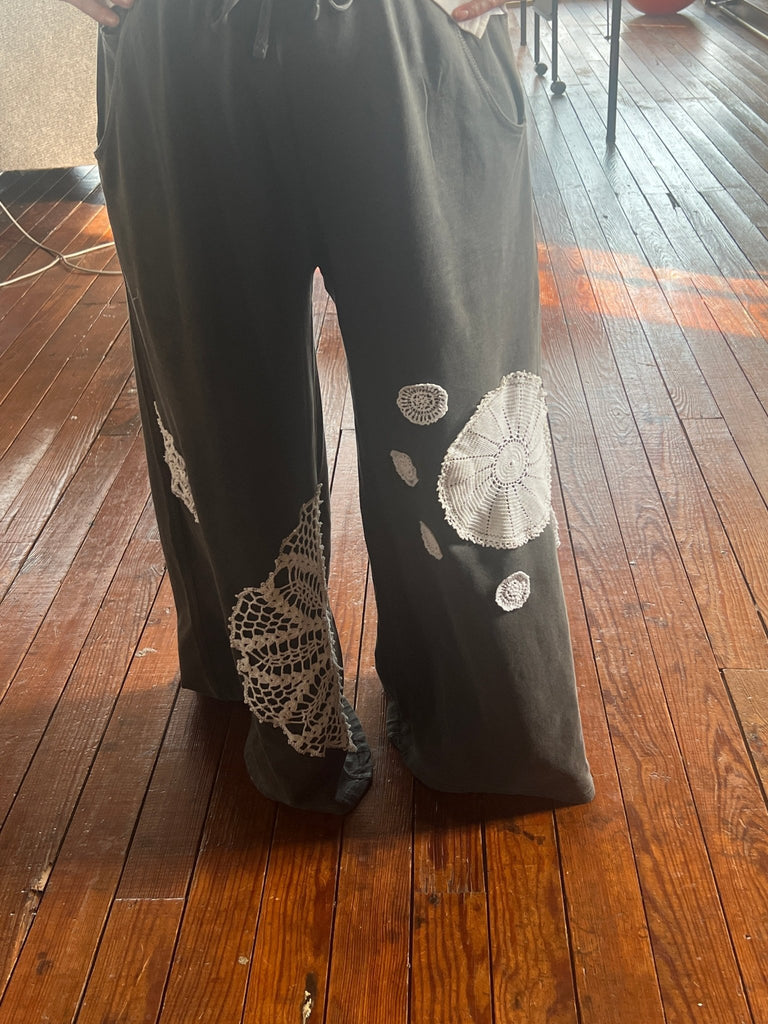 Upcycled Wide leg pigment dyed pants w/ lace & doilies - Main Street Threads