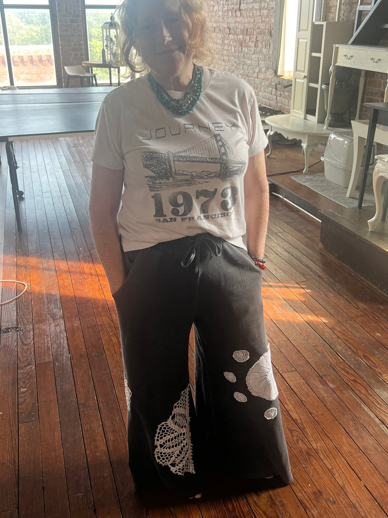 Upcycled Wide leg pigment dyed pants w/ lace & doilies - Main Street Threads