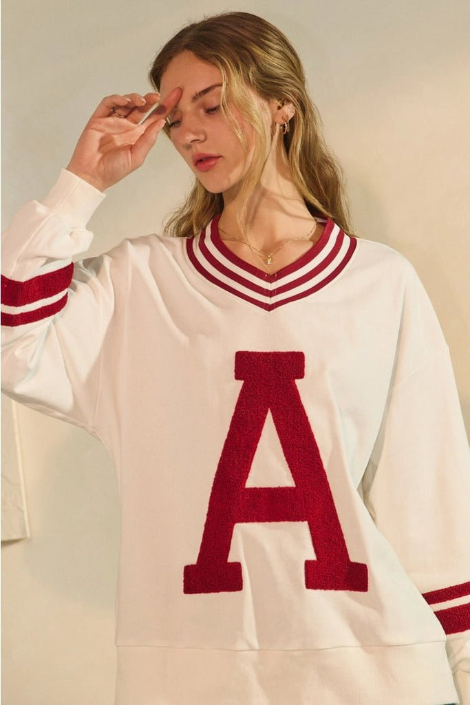 Varsity inspired Razorback red/white pullover - Main Street Threads