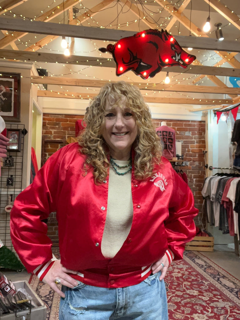 Vintage Arkansas Razorbacks Satin Bomber Jacket (Artex, Made in USA - Medium) - Main Street Threads