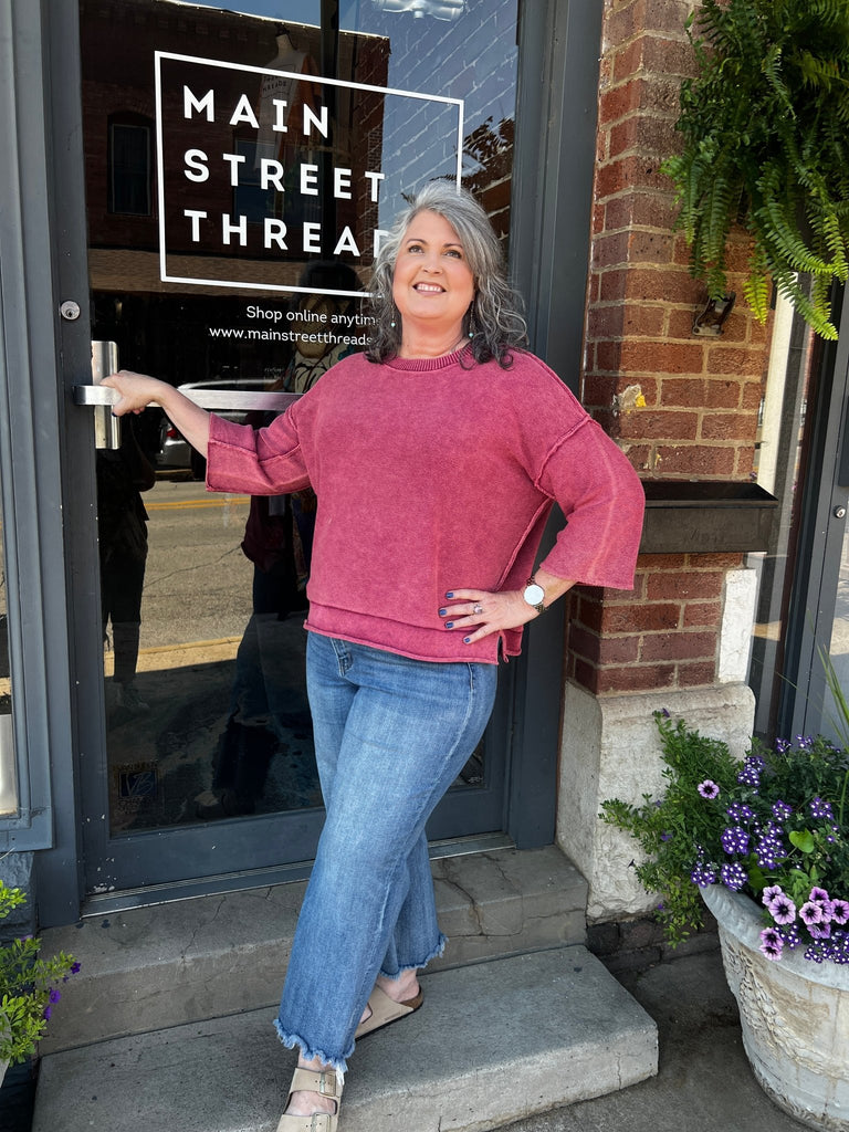 Washed 3/4 sleeve boxy sweater - Main Street Threads