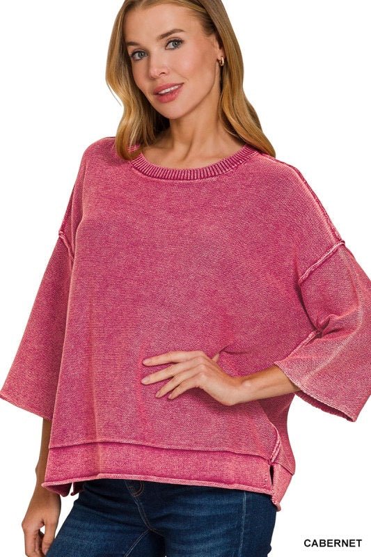 Washed 3/4 sleeve boxy sweater - Main Street Threads