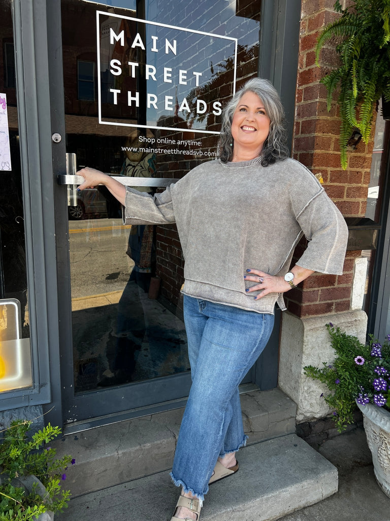 Washed 3/4 sleeve boxy sweater - Main Street Threads