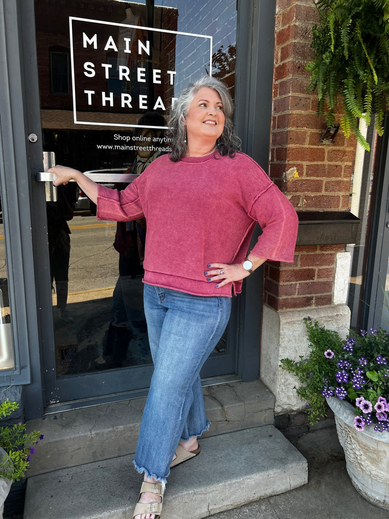 Washed 3/4 sleeve boxy sweater - Main Street Threads