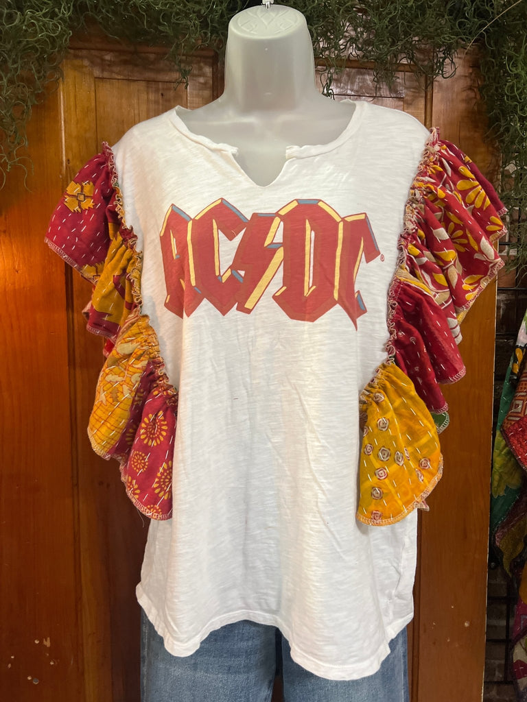 White AC/DC ruffle sleeves kantha tee - Main Street Threads