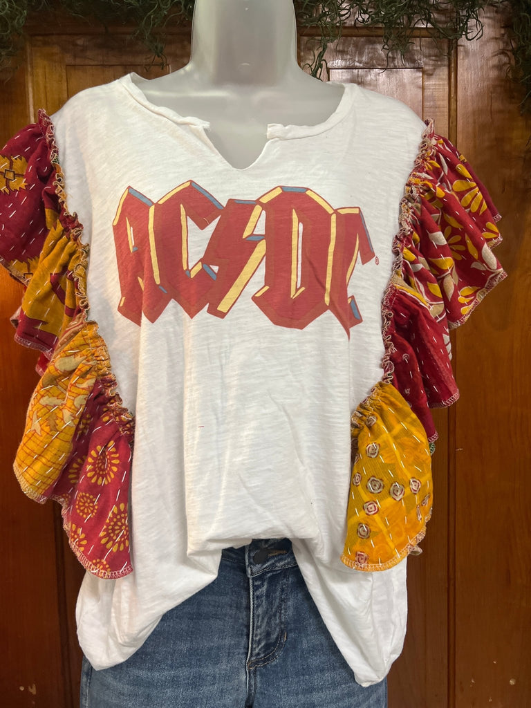 White AC/DC ruffle sleeves kantha tee - Main Street Threads