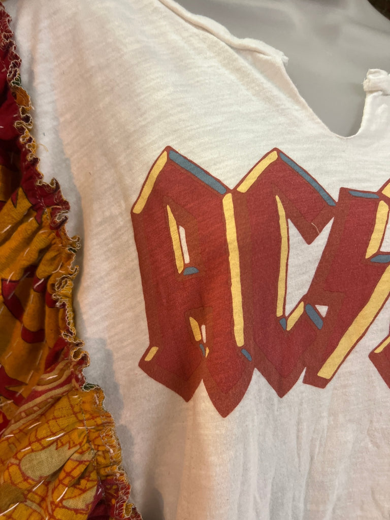 White AC/DC ruffle sleeves kantha tee - Main Street Threads
