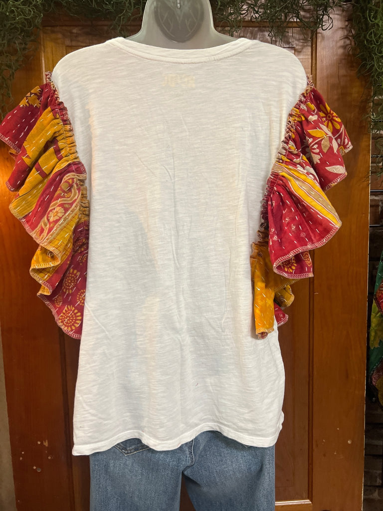 White AC/DC ruffle sleeves kantha tee - Main Street Threads