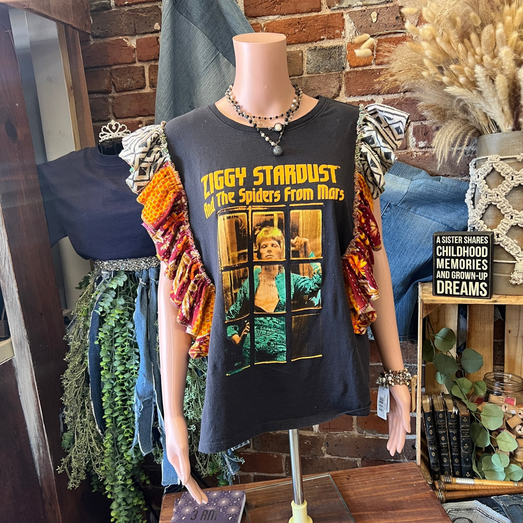 Ziggy Stardust upcycled Kantha ruffle sleeve festival tee - Main Street Threads