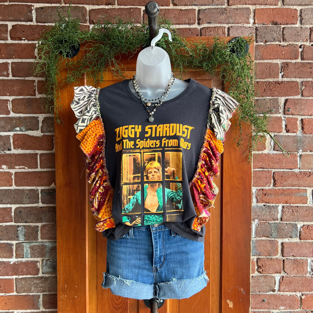 Ziggy Stardust upcycled Kantha ruffle sleeve festival tee - Main Street Threads